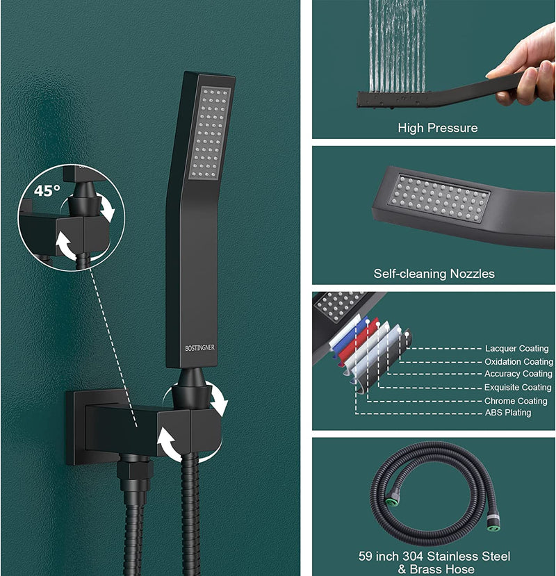 Bostingner Shower System Thermostatic with 6 Pcs Body Jets Wall Mounted Matte Black 12 Inch - Bostingner