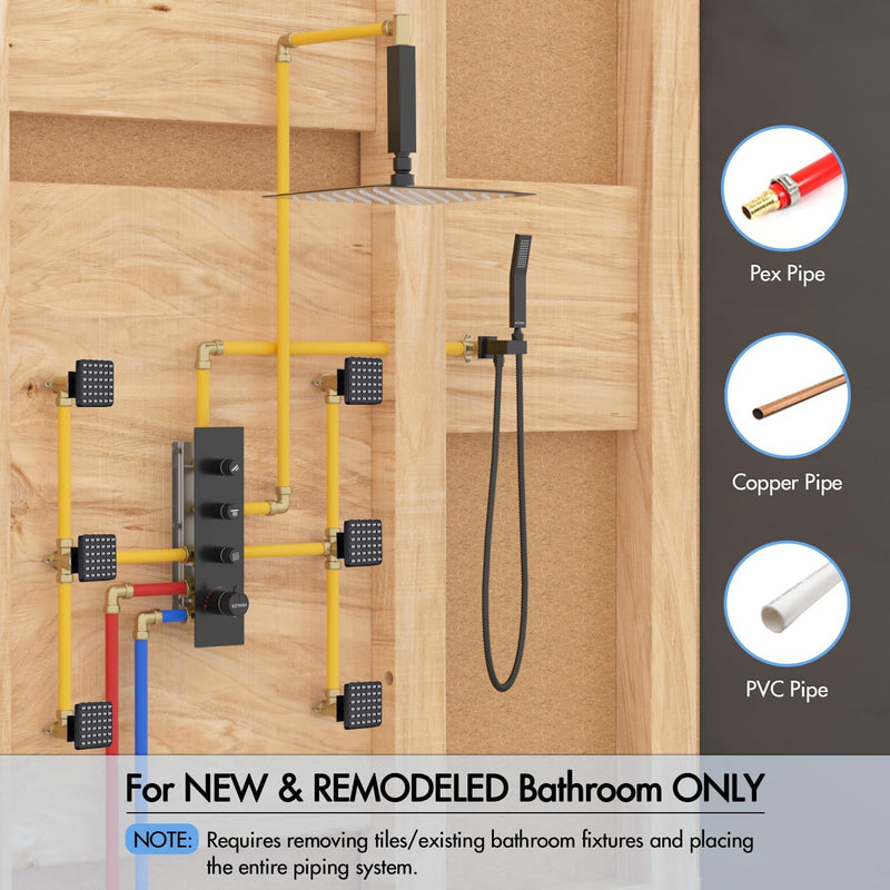 Bostingner Thermostatic Shower System Ceiling Mounted Square 16 Inch Matte Black