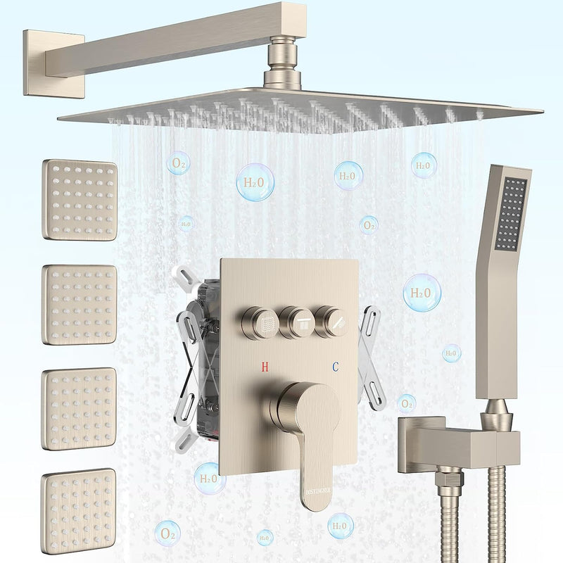 Bostingner 3 Function Shower System Push Button Brushed Nickel 12 Inch - Bostingner