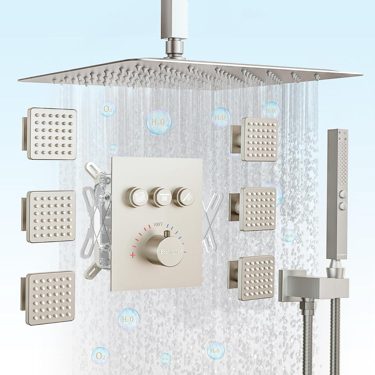 Bostingner 16 Inch Ceiling Mount Thermostatic Shower System Brushed Ni
