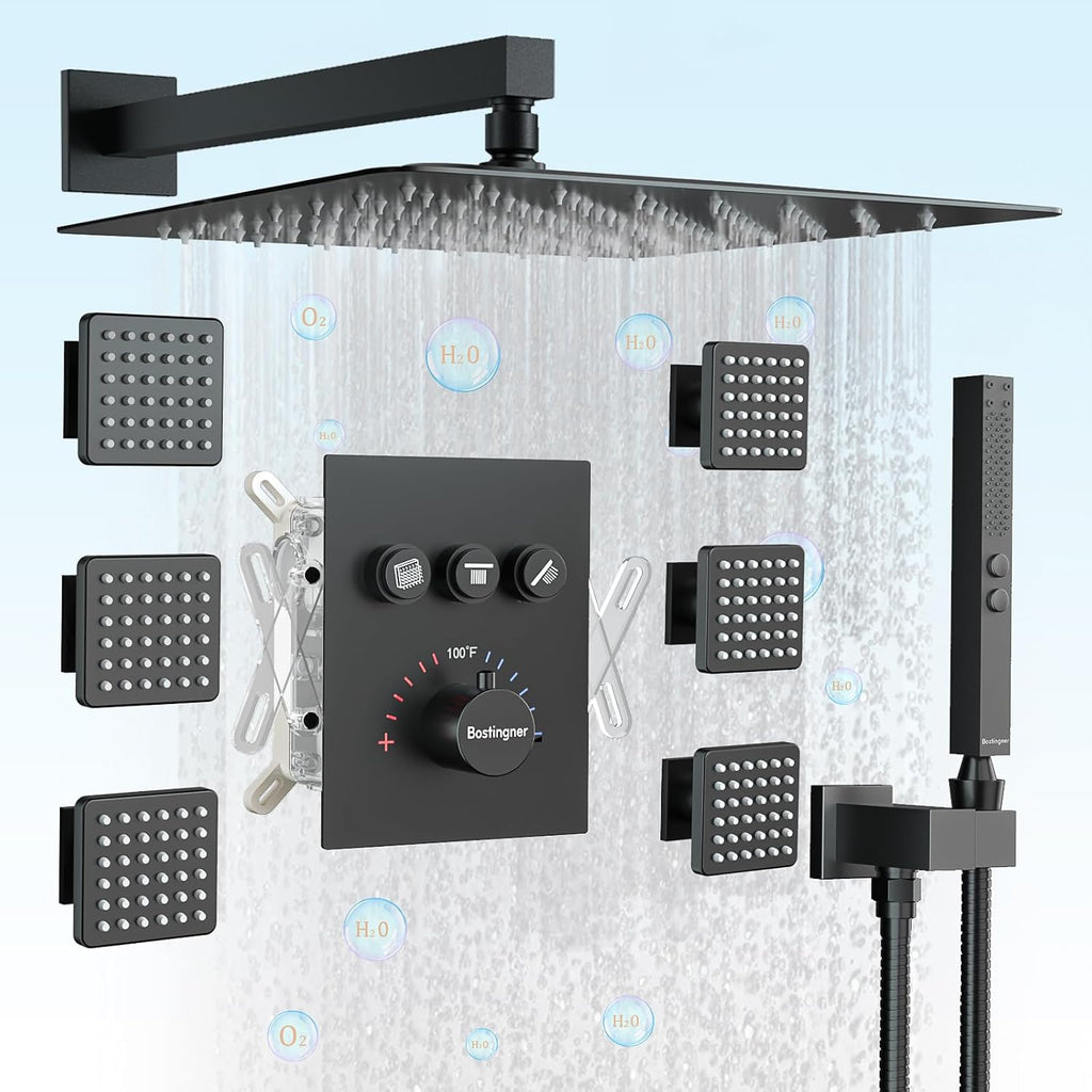 Bostingner 16 Inch Wall Mount Thermostatic Shower System Matte Black