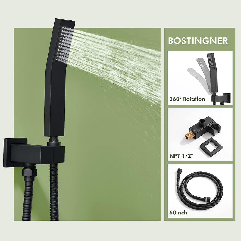 Bostingner Rain Shower System with Body Spray Jets Thermostatic Wall Mount Matte Black 12 Inch - Bostingner