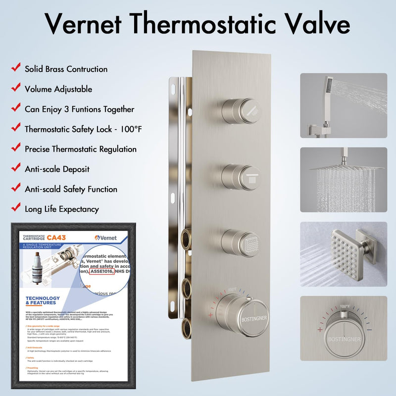 Bostingner Thermostatic Shower System Ceiling Mounted Square 16 Inch Brushed Nickel