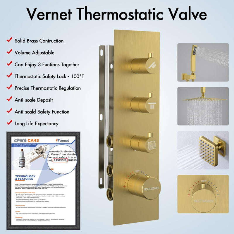 Bostingner Thermostatic Shower System Ceiling Mounted 16 Inch Brushed Gold Knob