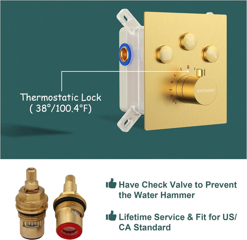 Bostingner Shower System Thermostatic with 6 Pcs Body Jets Wall Mounted Brushed Gold 12 Inch - Bostingner