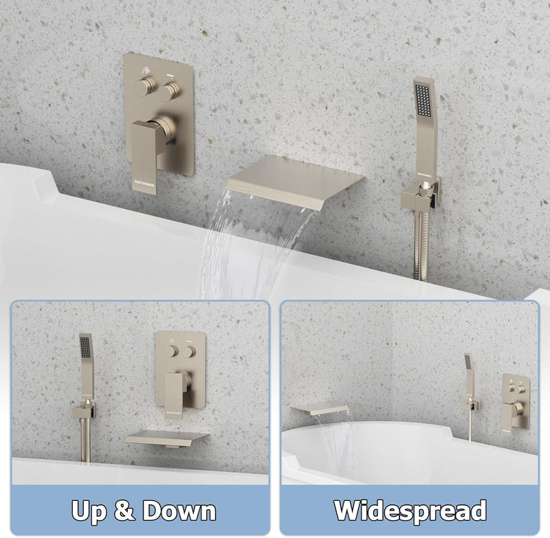 Bostingner Waterfall Bathtub Faucet Set with Sprayer Push Button Brushed Nickel - Bostingner