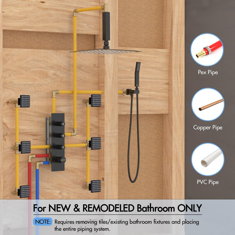 Bostingner Thermostatic Shower System with Body Jets Ceiling Mounted 16 Inch Matte Black Knob
