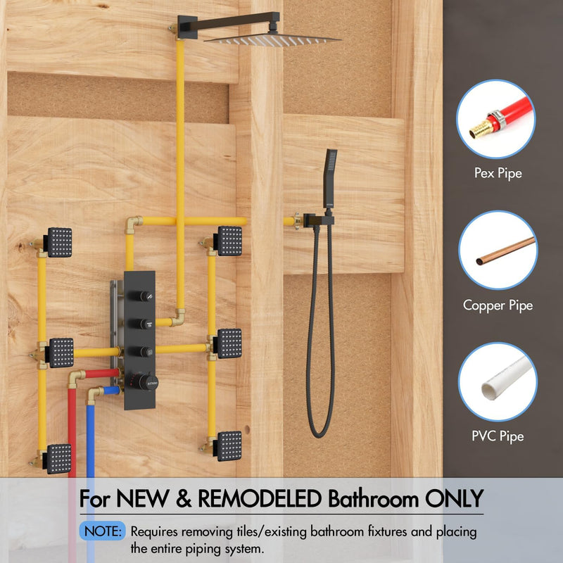 Bostingner Thermostatic Shower System Wall Mounted Square 12 Inch Matte Black - Bostingner