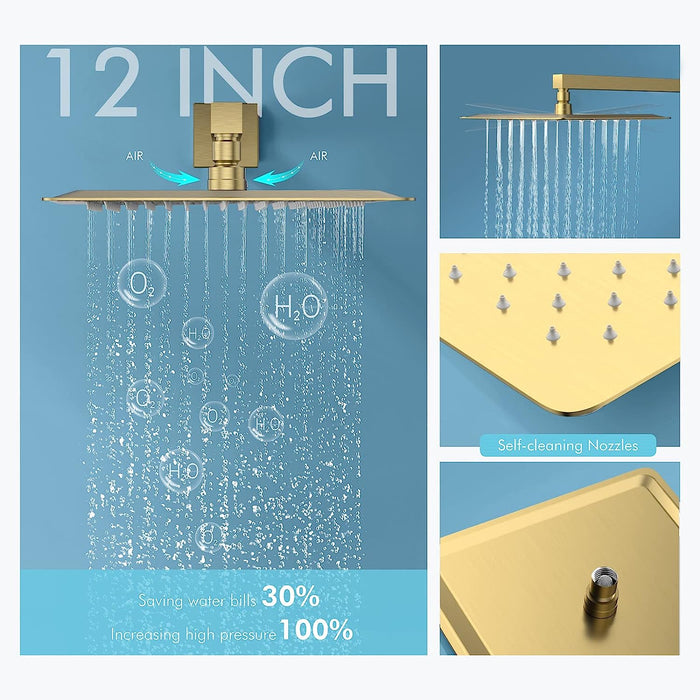 Bostingner Rain Shower System with Body Spray Jets Thermostatic Wall Mount Gold 12 Inch - Bostingner