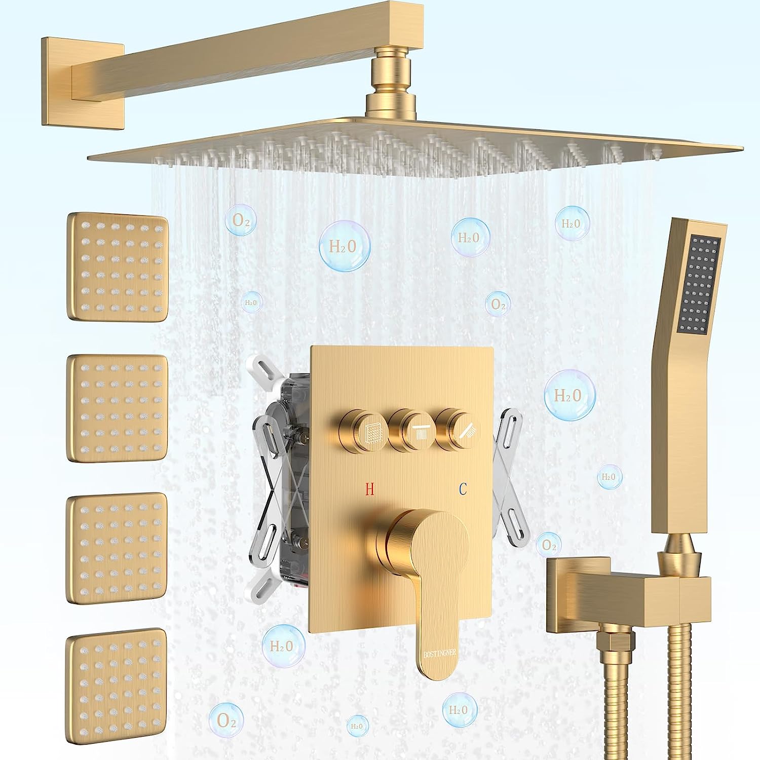 Bostingner 3 Function Shower System Push Button Gold 12 Inch