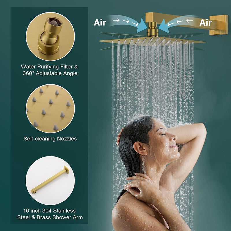Bostingner Shower System Thermostatic with 6 Pcs Body Jets Wall Mounted Brushed Gold 12 Inch - Bostingner