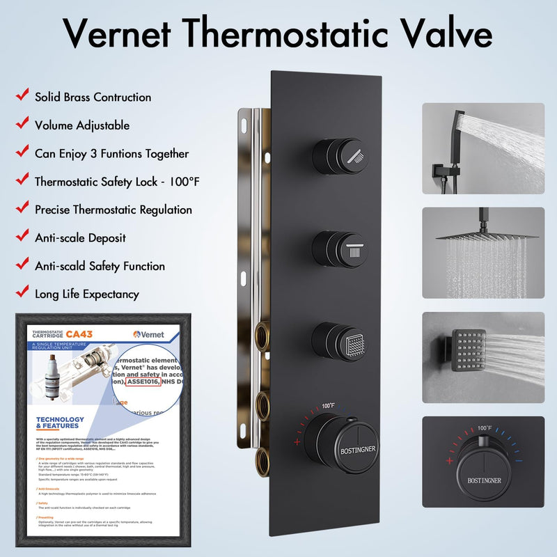 Bostingner Thermostatic Shower System Ceiling Mounted Square 16 Inch Matte Black