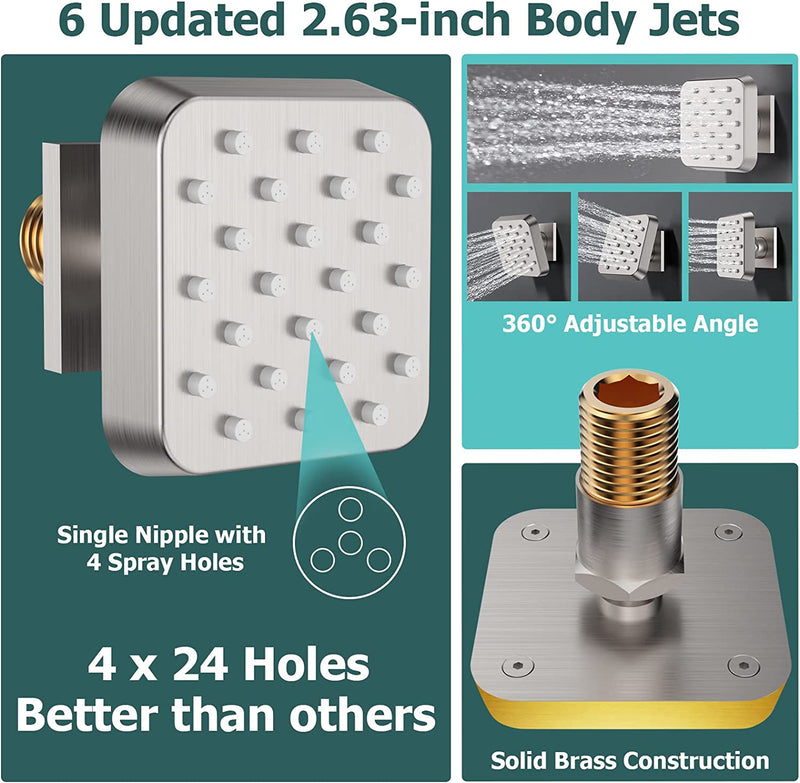 Bostingner Shower System Thermostatic with 6 Pcs Body Jets Wall Mounted Brushed Nickel 12 Inch - Bostingner