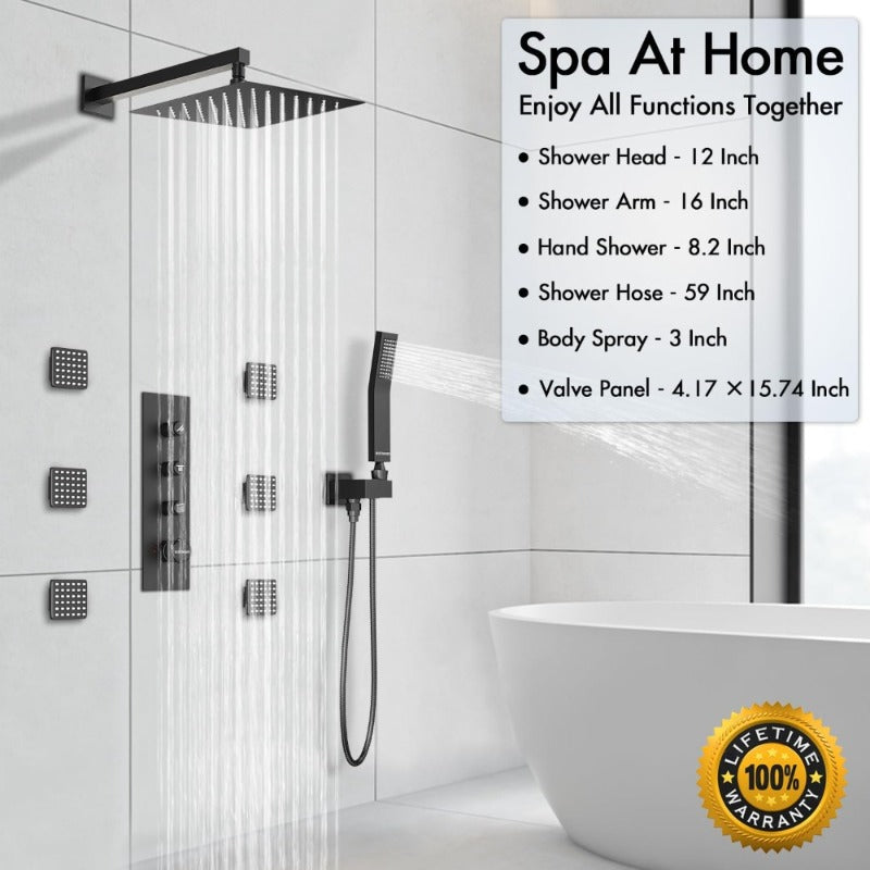 Bostingner Thermostatic Shower System Wall Mounted Square 12 Inch Matte Black - Bostingner