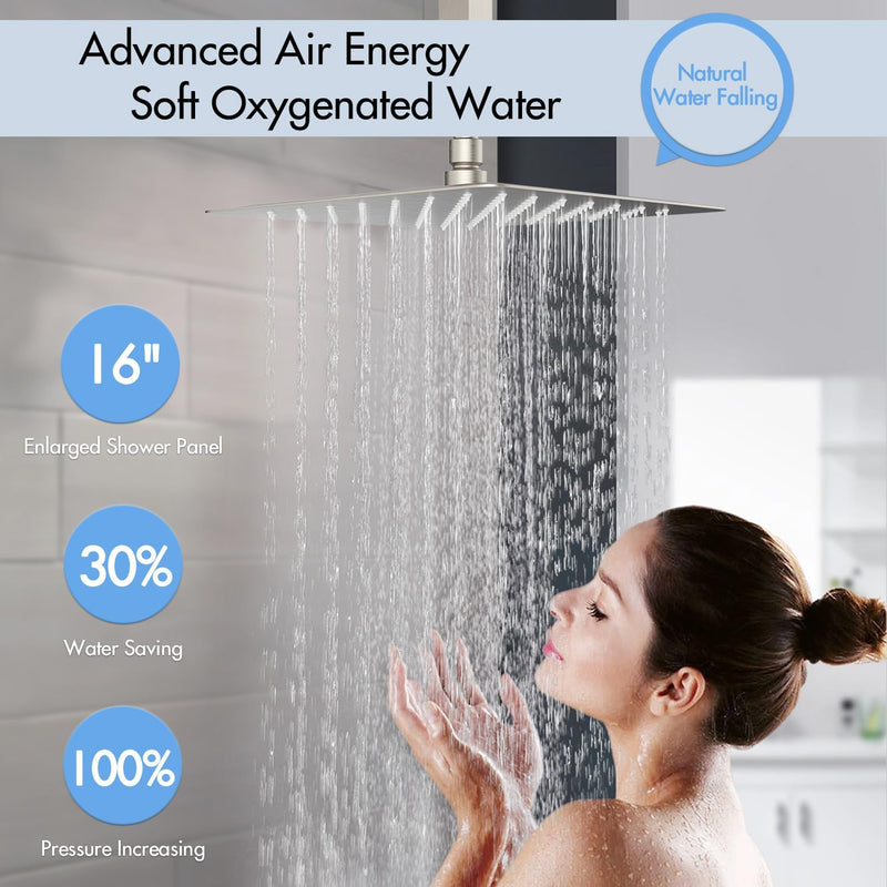 Bostingner Thermostatic Shower System with Spray Jets Ceiling Mounted 16 Inch Brushed Nickel Knob