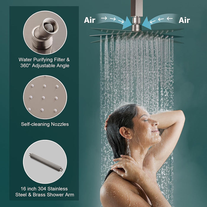 Bostingner 16 Inch Ceiling Mount Thermostatic Shower System Brushed Nickel - Bostingner