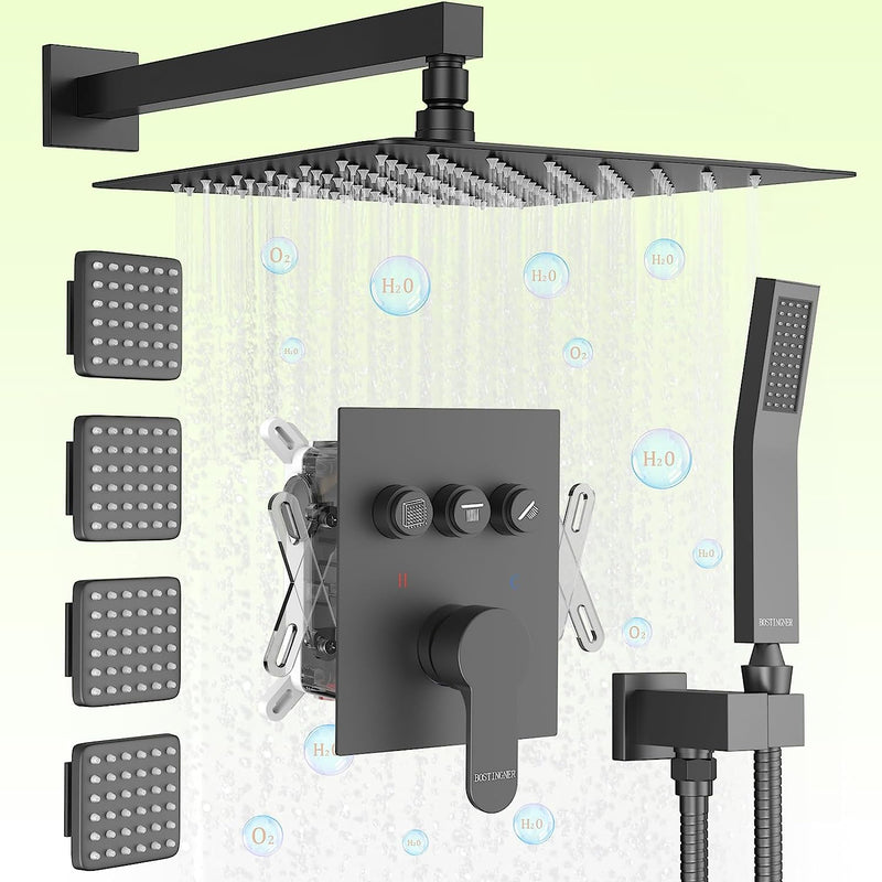 Bostingner 3 Function Shower System Push Button Black 12 Inch - Bostingner
