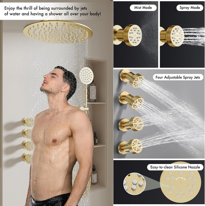 Bostingner Thermostatic Shower System Round 12 Inch Brushed Gold - Bostingner