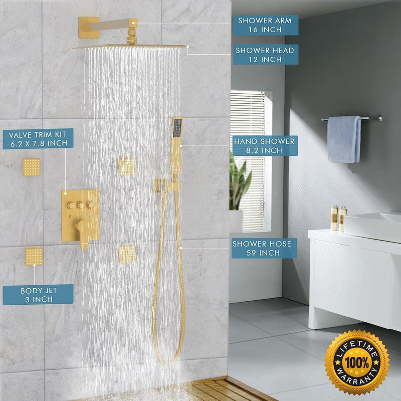 Bostingner 3 Function Shower System Push Button Gold 12 Inch - Bostingner
