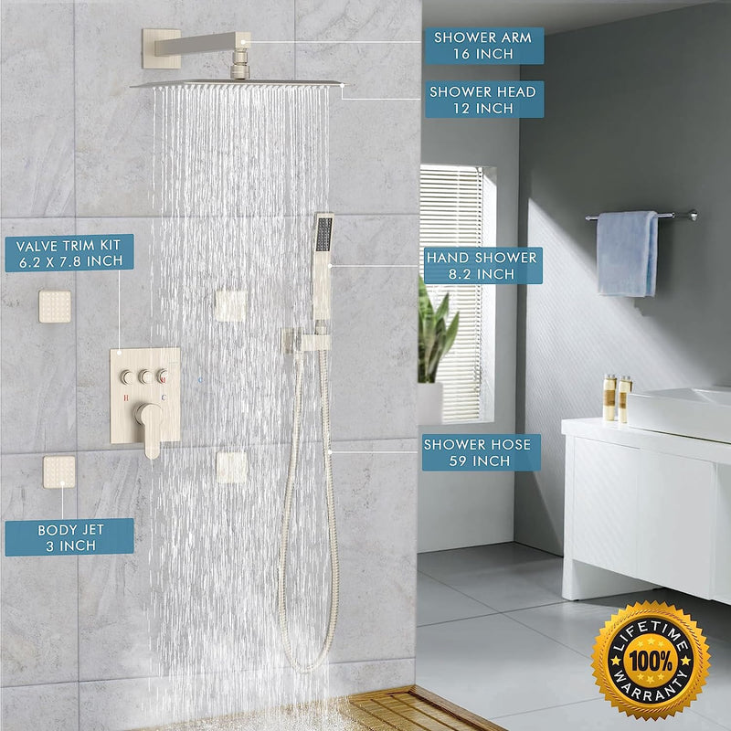 Bostingner 3 Function Shower System Push Button Brushed Nickel 12 Inch - Bostingner