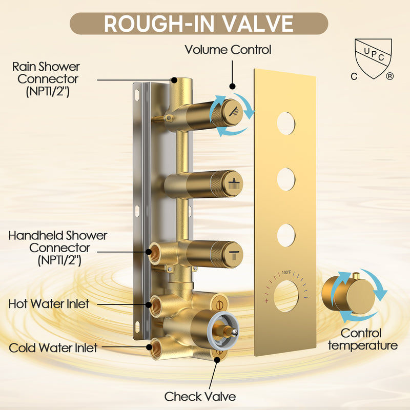 Bostingner 12+6 Inch Dual Shower Head Thermostatic Systems Gold (Push Button) - Bostingner