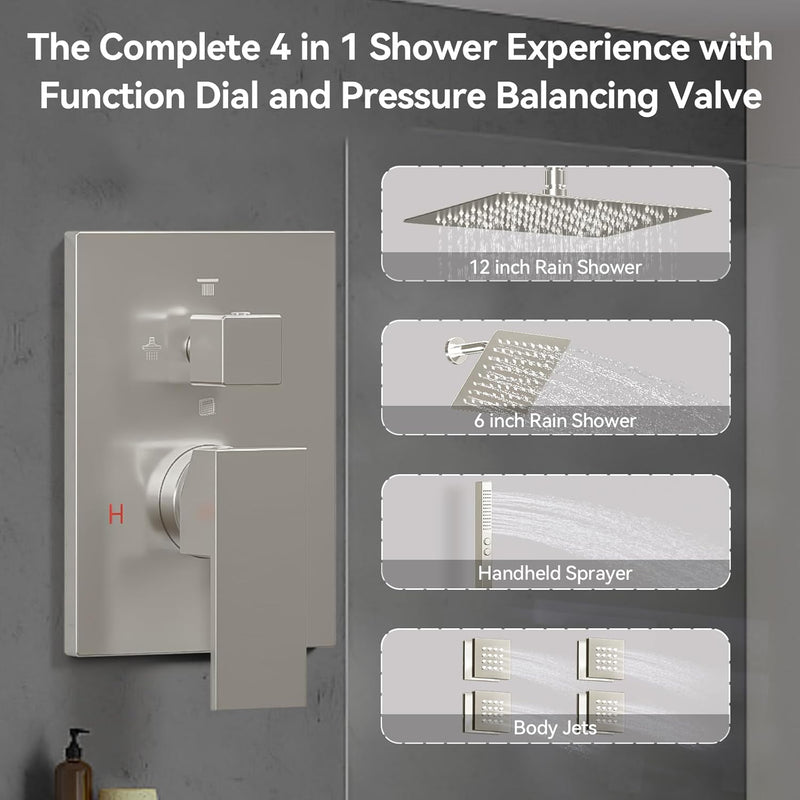 Bostingner Four Function Dual Shower Head System 12+6 Brushed Nickel - Bostingner