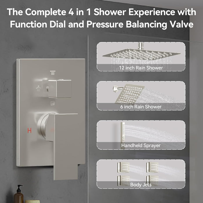 Bostingner Four Function Dual Shower Head System 12+6 Brushed Nickel