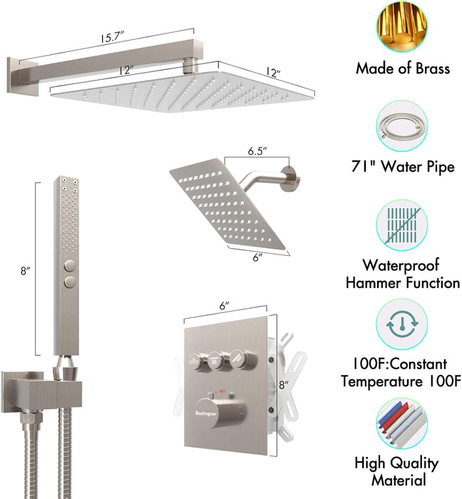 Bostingner 12+6 Inch Dual Shower Head Thermostatic Systems with 2 Function Wand