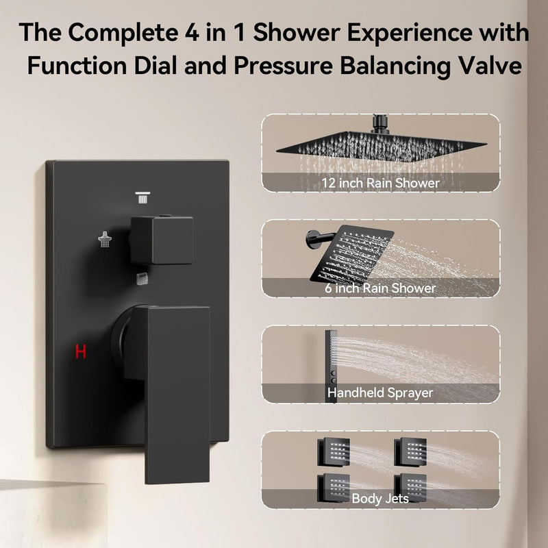 Bostingner Four Function Dual Shower Head System 12+6 Matte Black - Bostingner