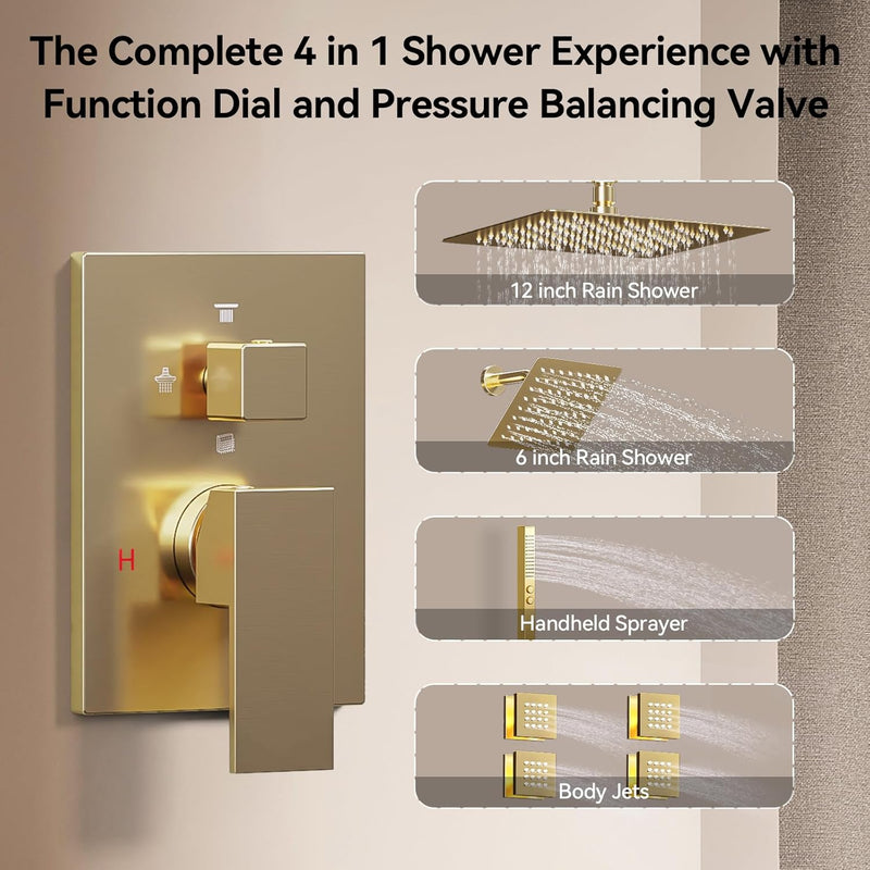 Bostingner Four Function Dual Shower Head System 12+6 Gold - Bostingner