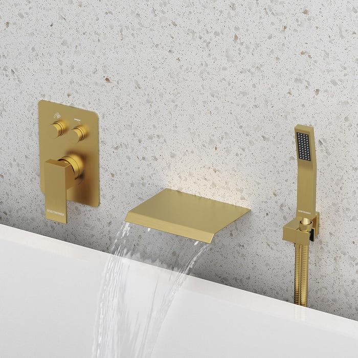 Bostingner Waterfall Bathtub Faucet Set with Sprayer Push Button Gold