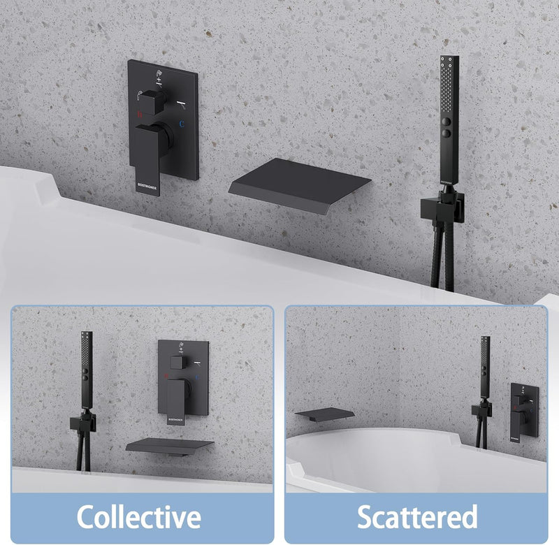 Bostingner 7.9" Waterfall Bathtub Faucet Set with 2 In 1 Handheld Sprayer Black - Bostingner