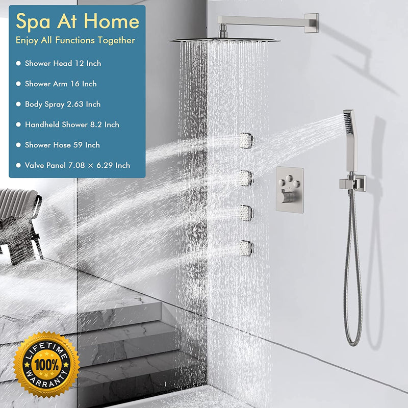 Bostingner Rain Shower System with Body Spray Jets Thermostatic Wall Mount Brushed Nickel 12 Inch - Bostingner