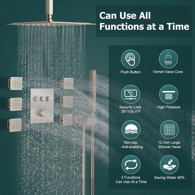 Bostingner 16 Inch Ceiling Mount Thermostatic Shower System Brushed Nickel - Bostingner