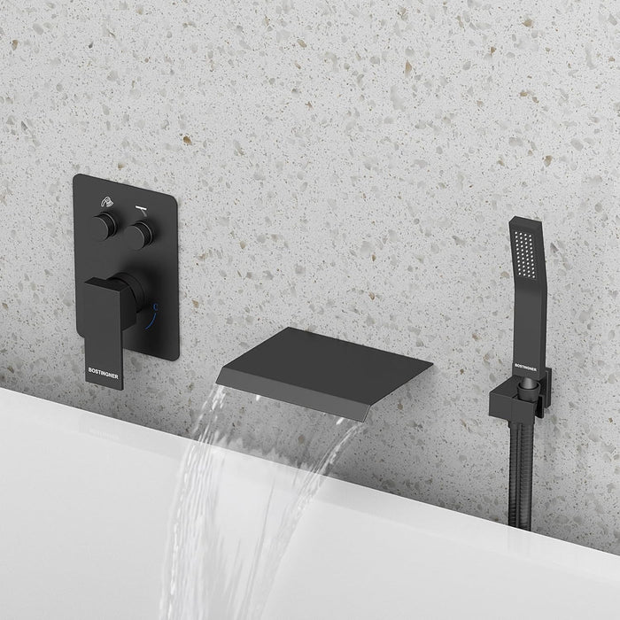 Bostingner Waterfall Bathtub Faucet Set with Sprayer Push Button Matte Black - Bostingner