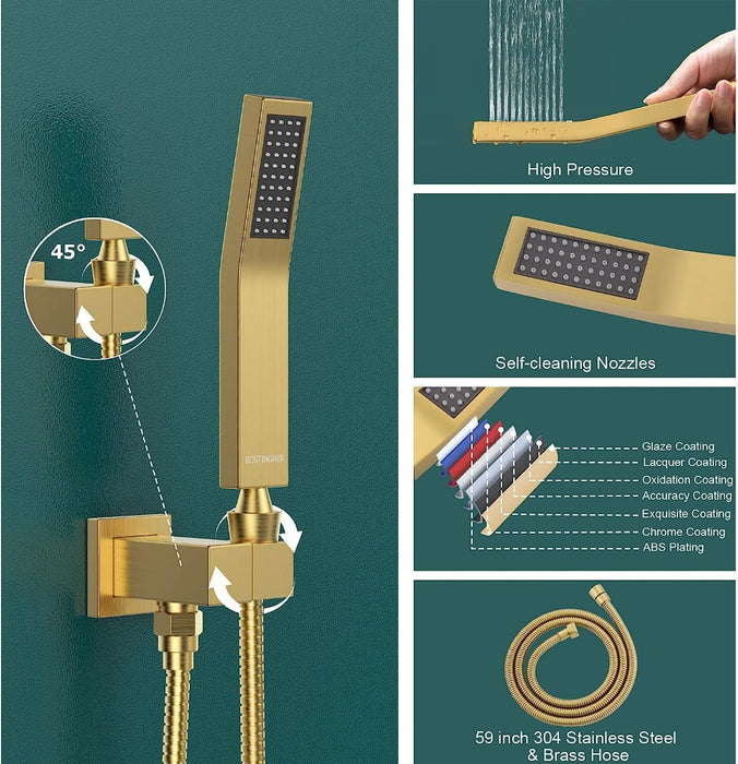Bostingner Shower System Thermostatic with 6 Pcs Body Jets Wall Mounted Brushed Gold 12 Inch - Bostingner