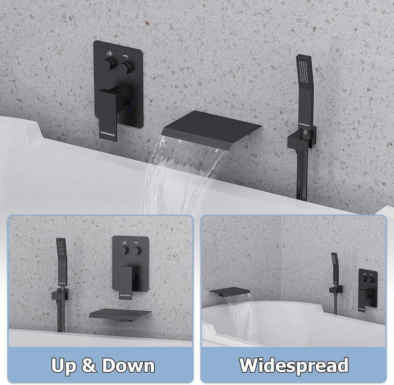 Bostingner Waterfall Bathtub Faucet Set with Sprayer Push Button Matte Black - Bostingner