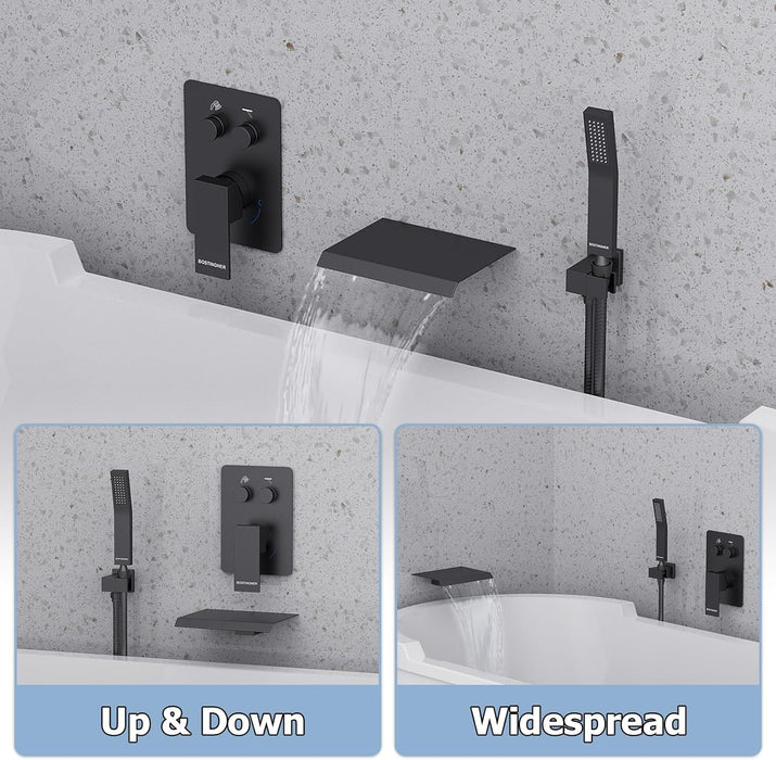 Bostingner Waterfall Bathtub Faucet Set with Sprayer Push Button Matte Black