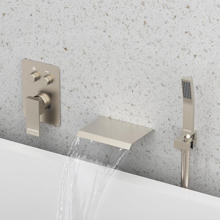 Bostingner Waterfall Bathtub Faucet Set with Sprayer Push Button Brushed Nickel