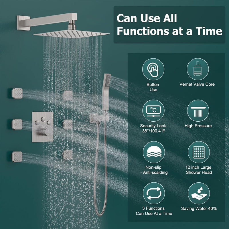 Bostingner Shower System Thermostatic with 6 Pcs Body Jets Wall Mounted Brushed Nickel 12 Inch - Bostingner