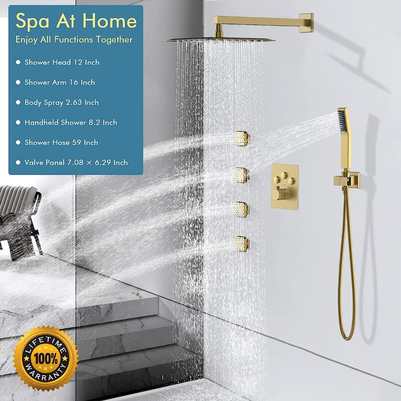 Bostingner Rain Shower System with Body Spray Jets Thermostatic Wall Mount Gold 12 Inch - Bostingner