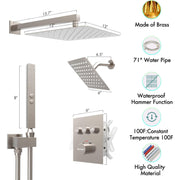 Bostingner 12+6 Inch Dual Shower Head Thermostatic Systems with 2 Function Wand Brushed Nickel - Bostingner