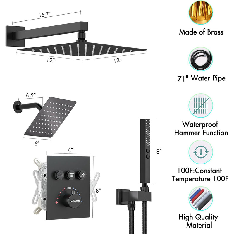 Bostingner 12+6 Inch Dual Shower Head Thermostatic Systems with 2 Function Wand Matte Black - Bostingner