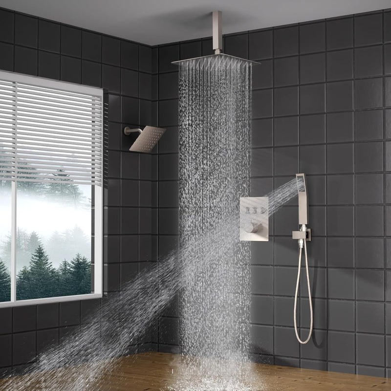 Bostingner 12+6 Inch Dual Shower Head Thermostatic Systems with 2 Function Wand Brushed Nickel - Bostingner