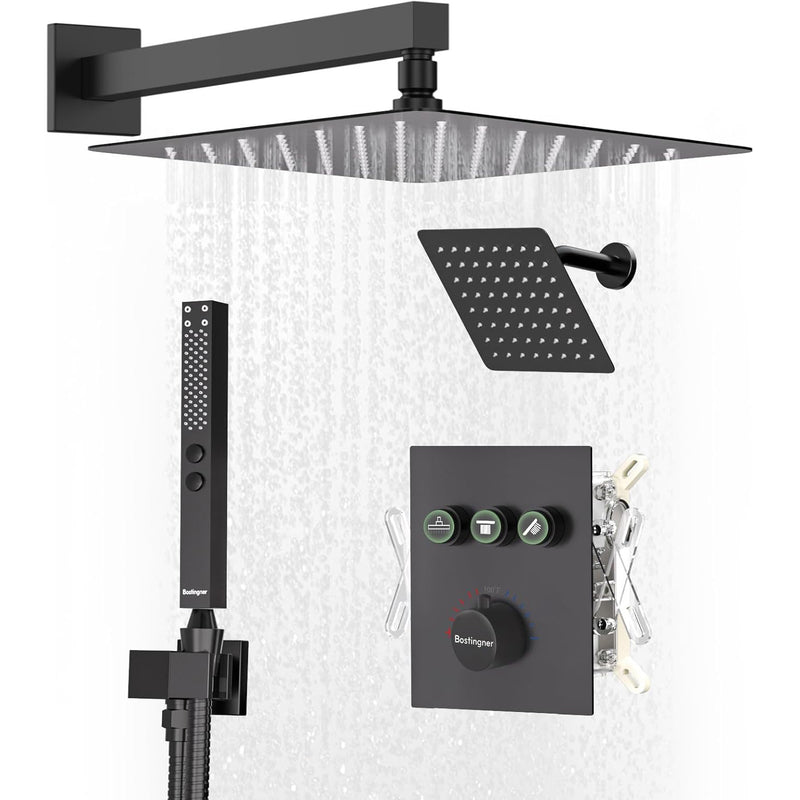 Bostingner 12+8 Inch Dual Shower Head Thermostatic Systems with 2 Function Wand - Bostingner