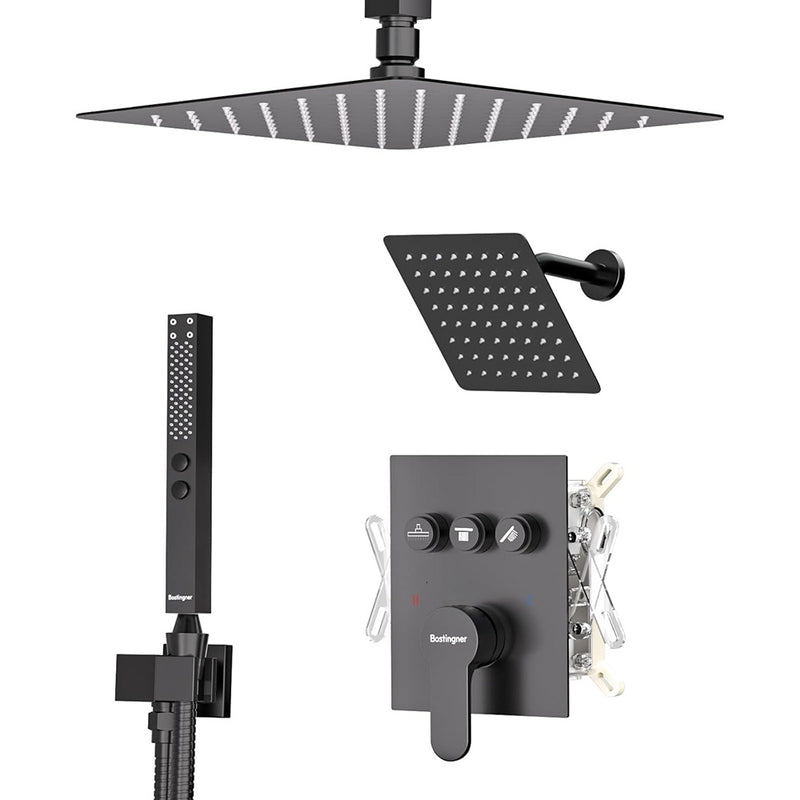 Bostingner 12" Dual Shower Head System with 6" Rainfall Showerhead Black - Bostingner
