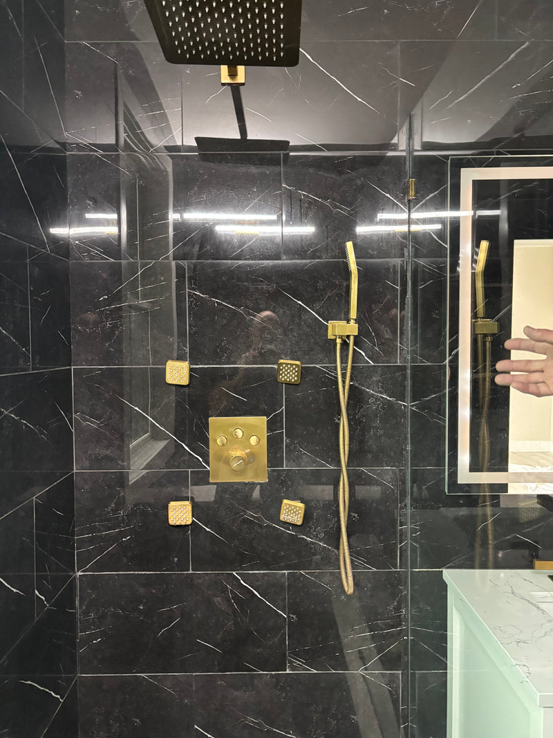 Custom Shower Accessories-Rain shower head and handheld shower head and 4 pcs body jets, gold