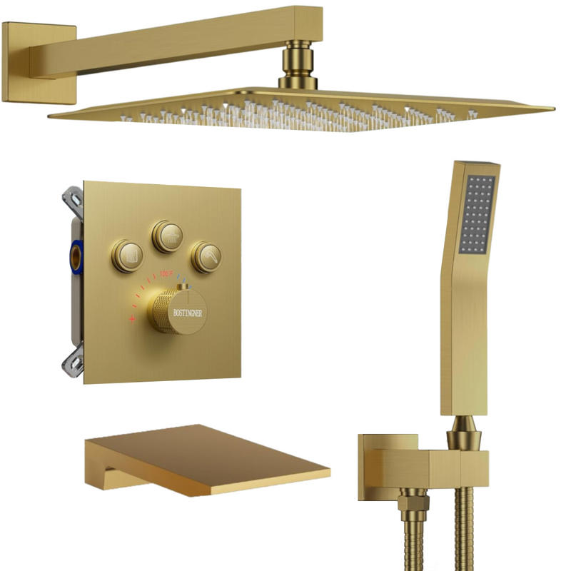 Bostingner Thermostatic Shower System with 3.9" Waterfall Bathtub Spout Gold - Bostingner