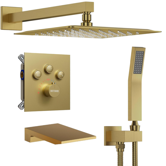 Bostingner Thermostatic Shower System with 3.9" Waterfall Bathtub Spout Gold