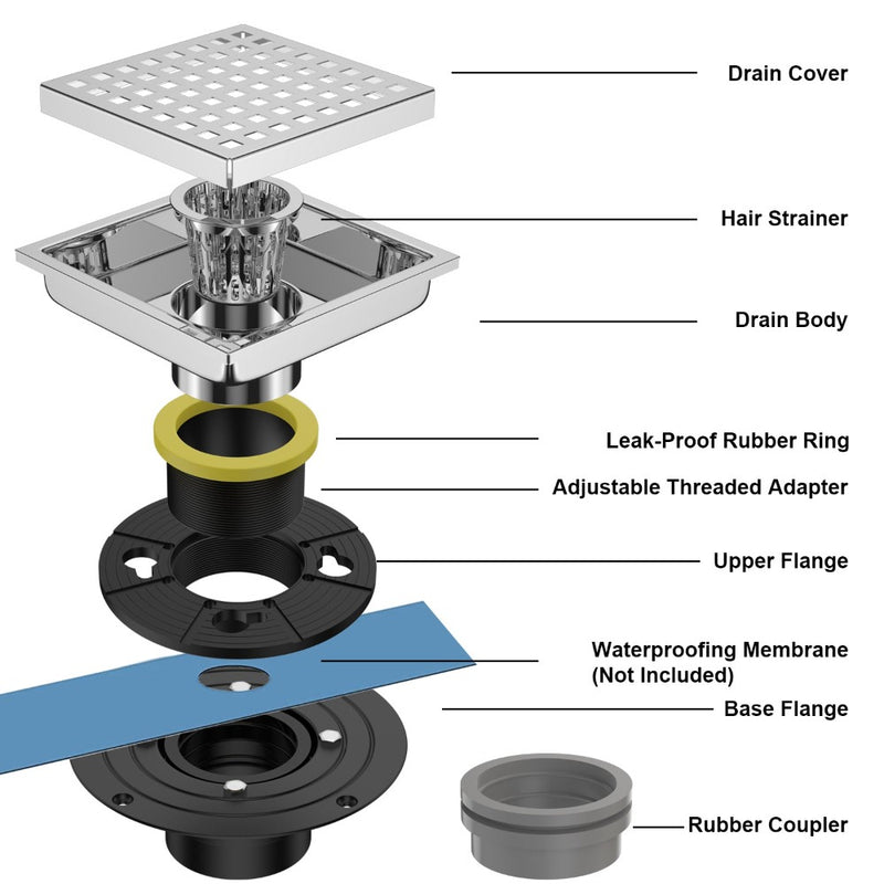 Bostingner 6 Inch Square Shower Drain with Flange,Quadrato Pattern Grate Removable - bostingner